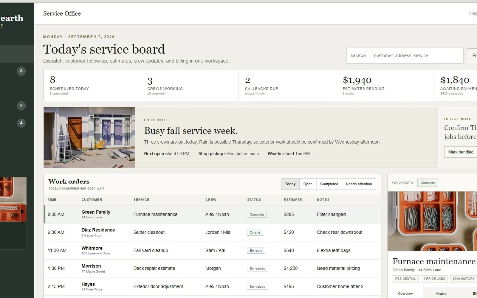 Pine and Hearth service operations dashboard demonstration